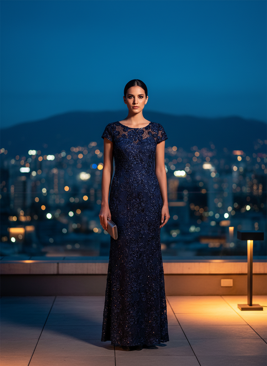 Vestido de Noche Encaje Azul Marino