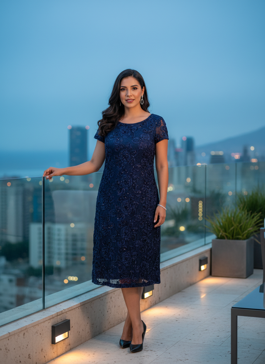 Vestido Azul Marino Encaje Floral Lentejuelas Manga Corta Eventos Formales