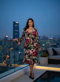 Vestido Noche Floral Multicolor Negro Manga Larga Acampanada Semi-Formal