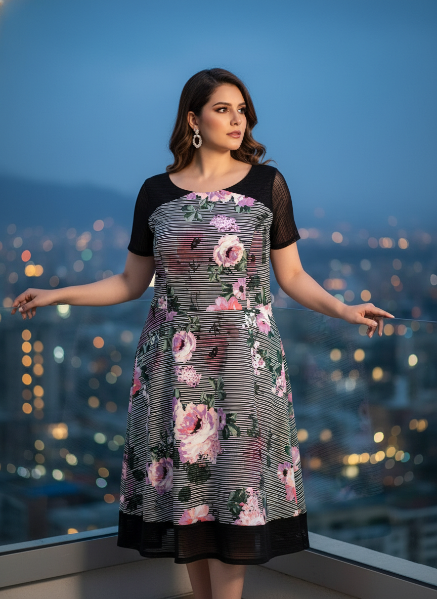 Vestido Floral Rayado con Espalda de Malla