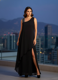 Vestido Midi Negro Asimétrico Encaje Falda Estructurada Cóctel Gala