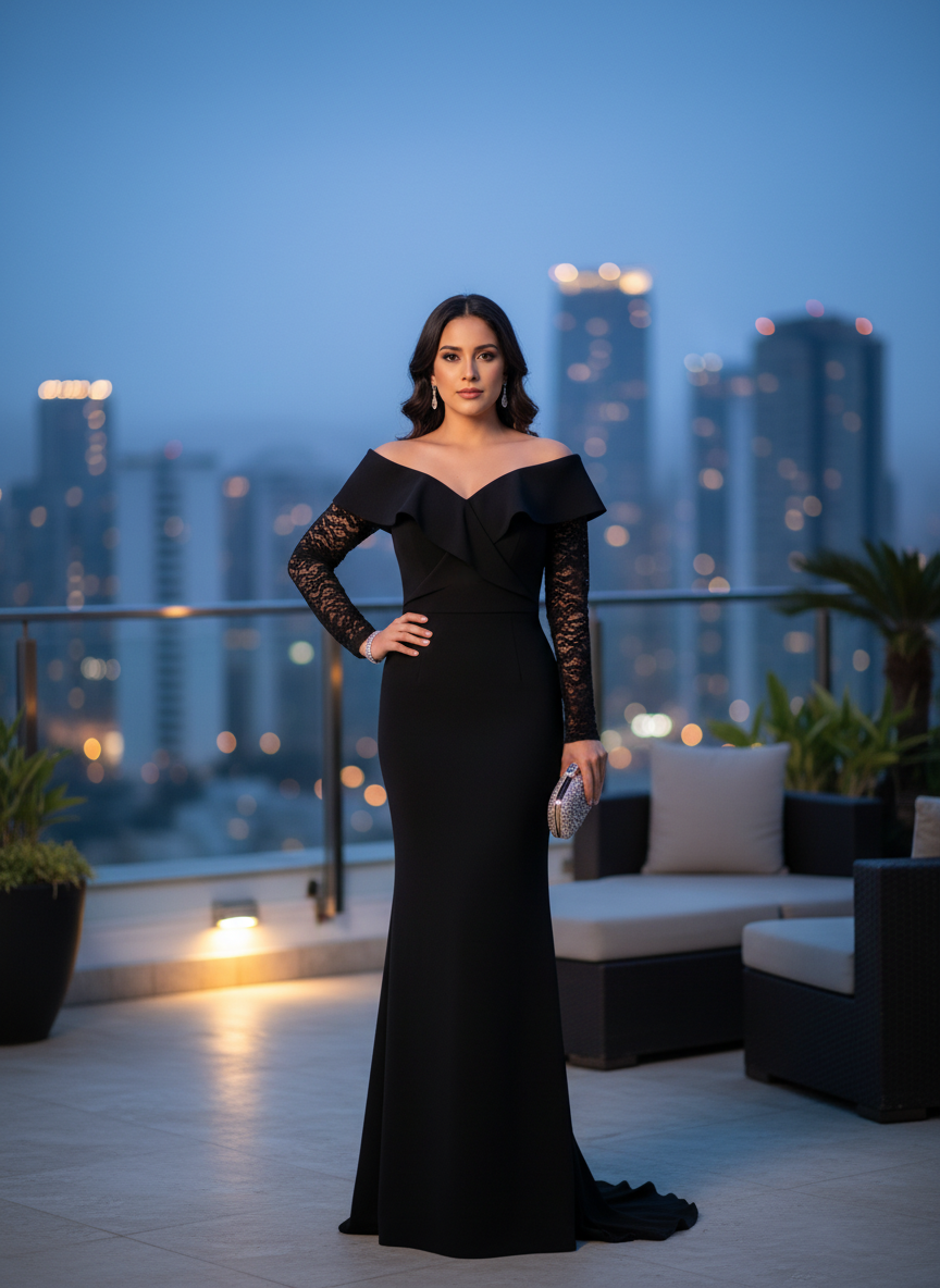 Vestido Negro Encaje Hombros Descubiertos