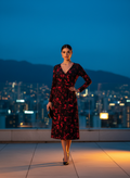 Vestido Midi Floral Rojo Negro Escote V Mangas Largas