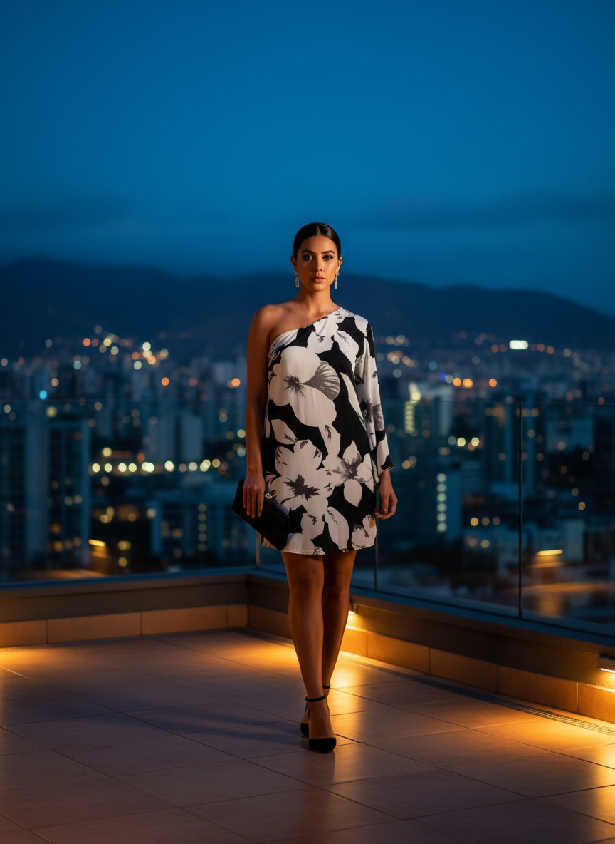 Vestido Blanco Negro Floral Un Hombro