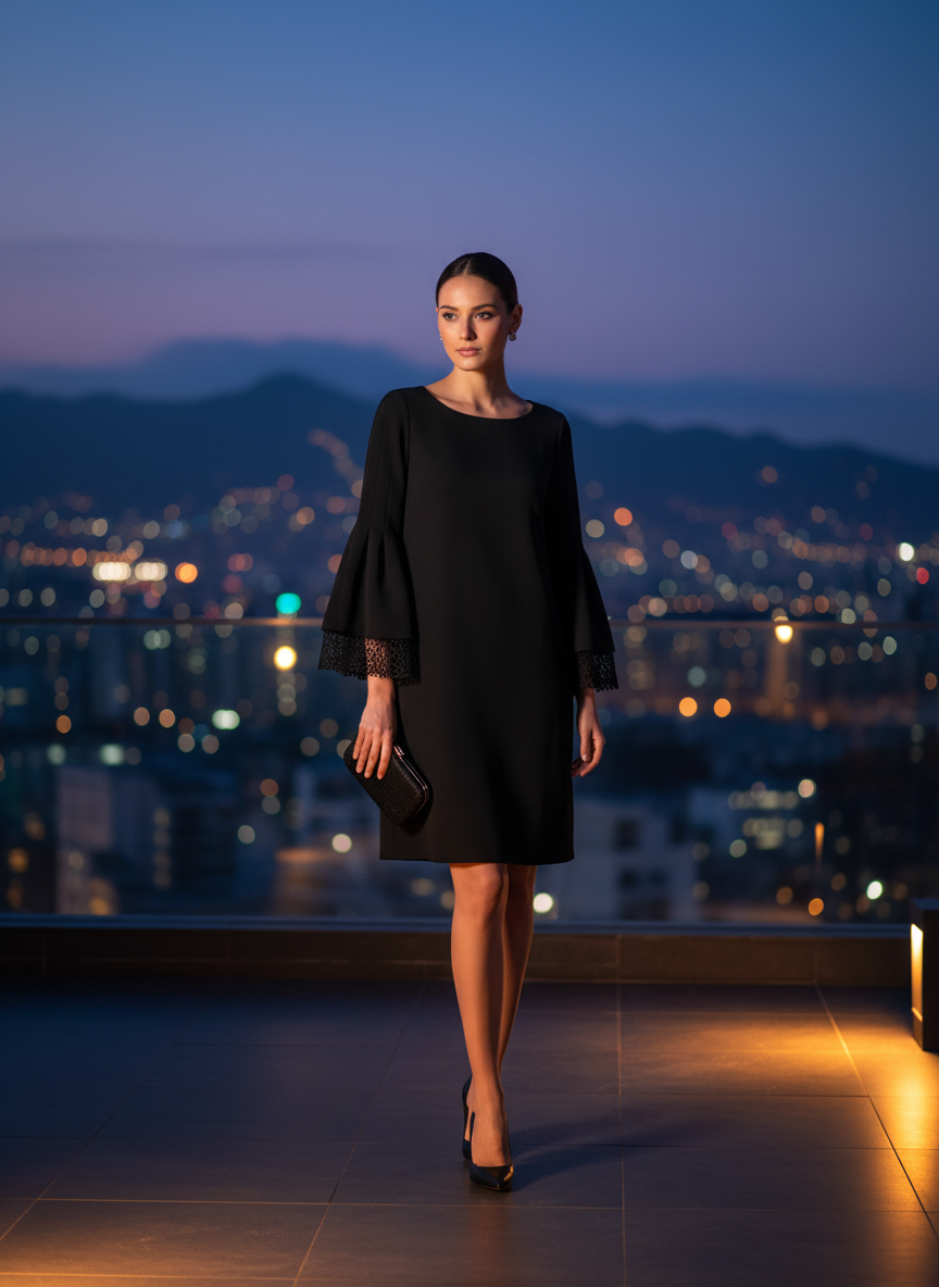 Vestido Negro Recto Mangas Acampanadas Encaje Puños Gala