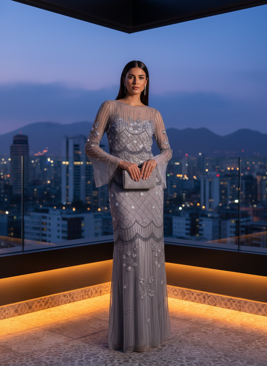 Vestido Largo Gris Plateado Bordados Cuentas Lentejuelas Mangas Campana Gala