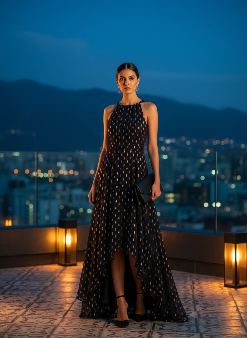Vestido Largo Negro Cuello Halter Estampado Dorado Corte Asimétrico
