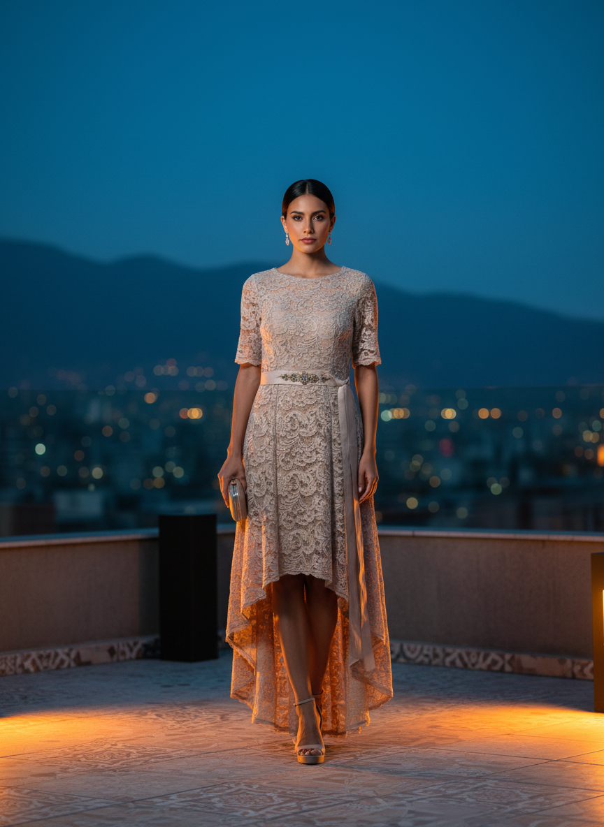 Vestido Encaje Champan Alto-Bajo Mangas Cortas Fajon Brillante Boda Formal