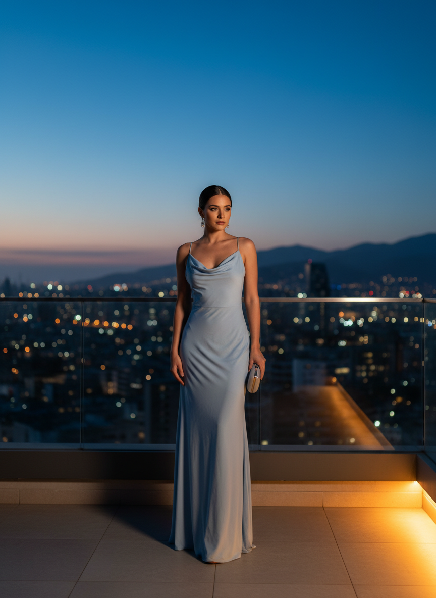 Vestido largo de satén azul cielo con escote drapeado