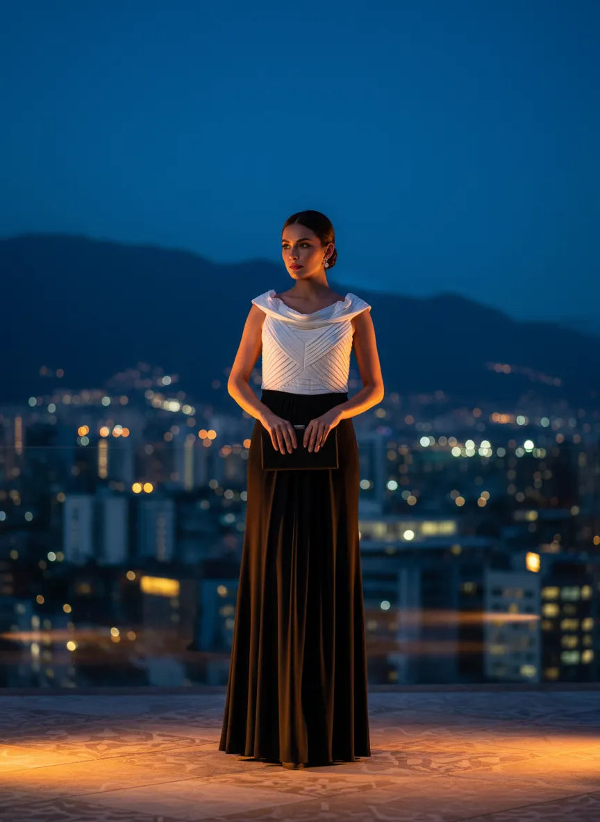Vestido de Noche Bicolor con Silueta Clásica