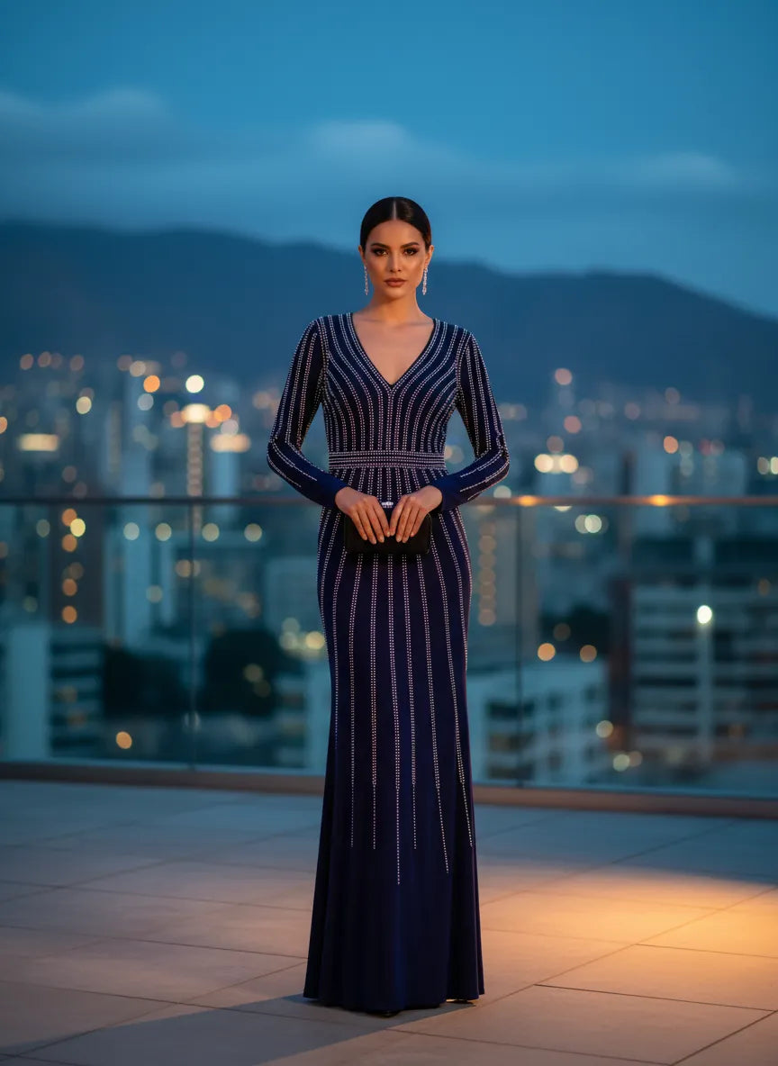 Vestido largo de noche con pedrería brillante