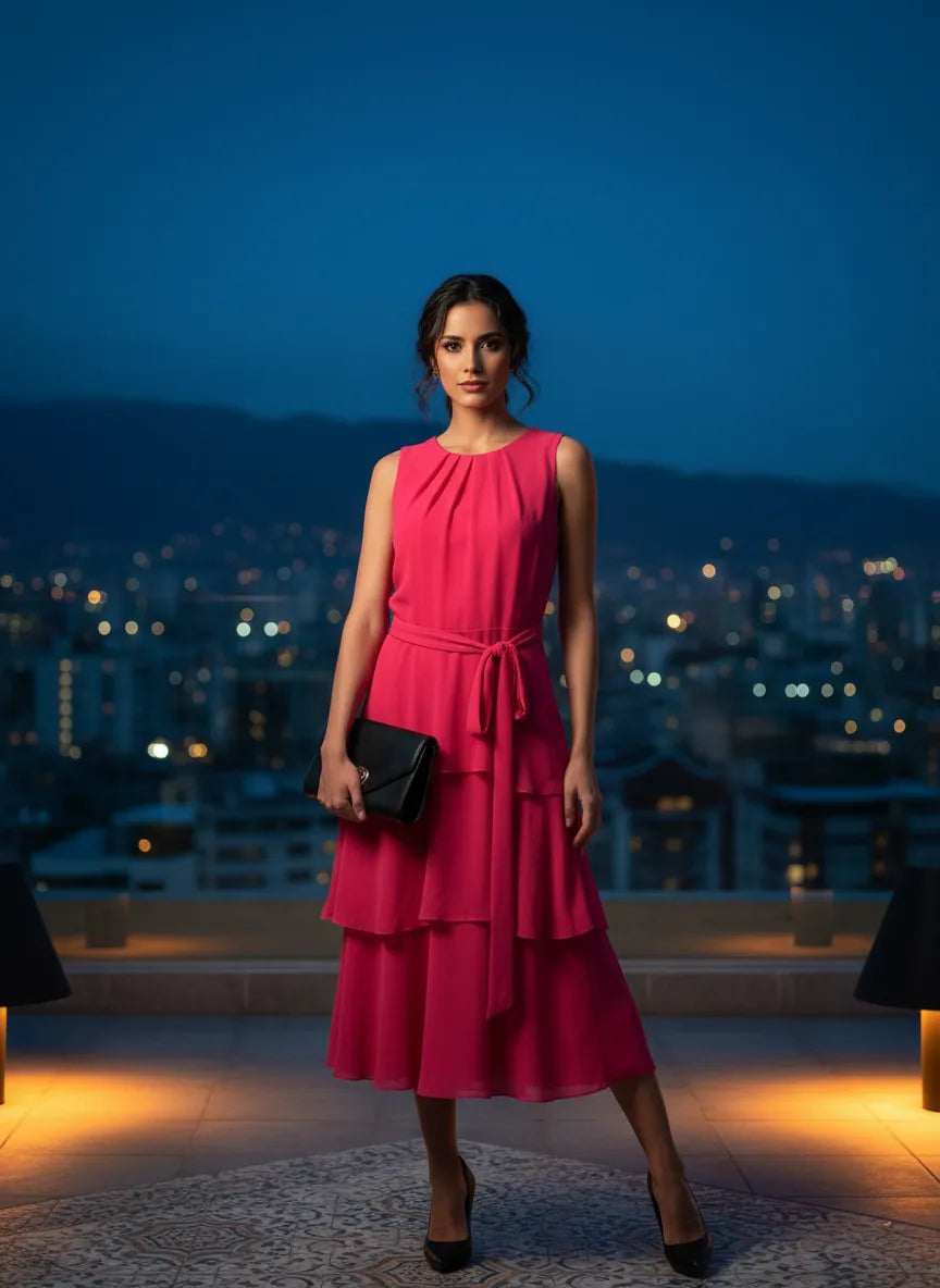 Vestido de Cóctel Fucsia con Volantes