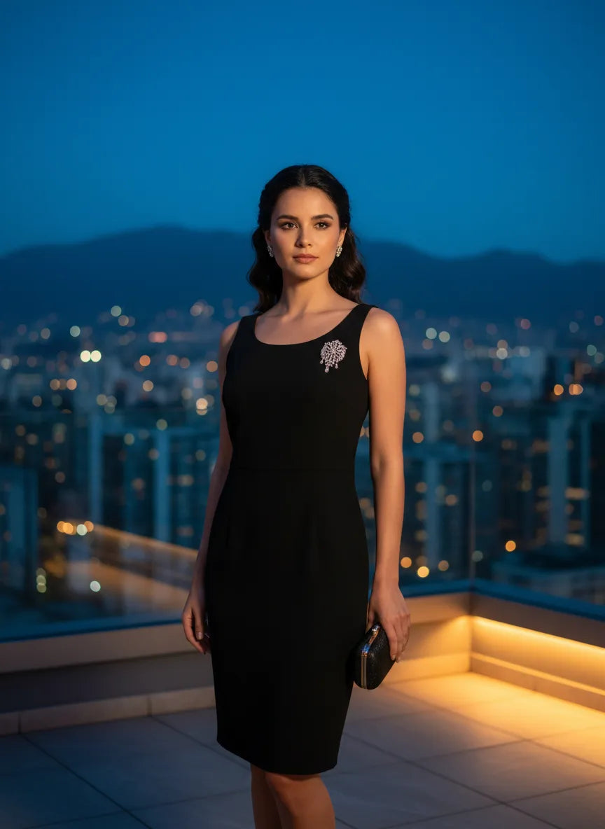 Vestido Clásico Negro con Broche Elegante