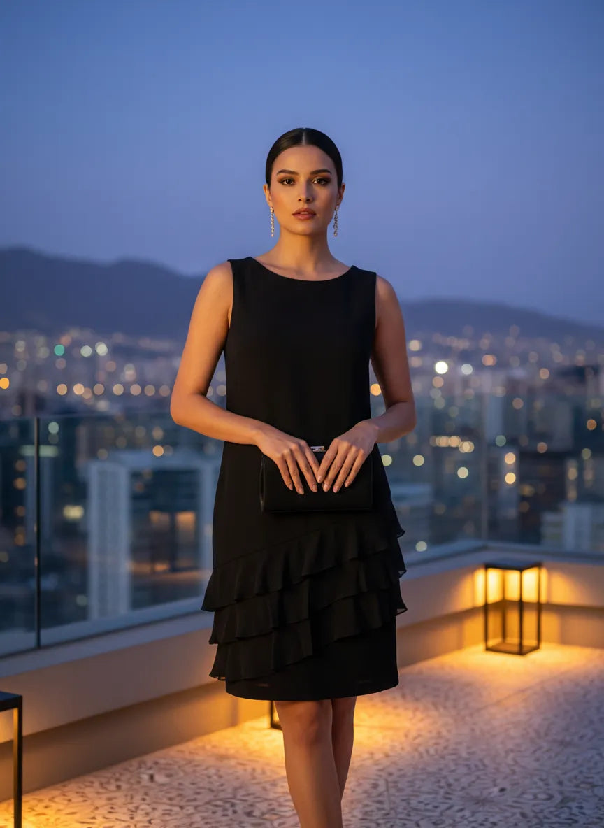 Vestido Negro con Volantes Asimétricos