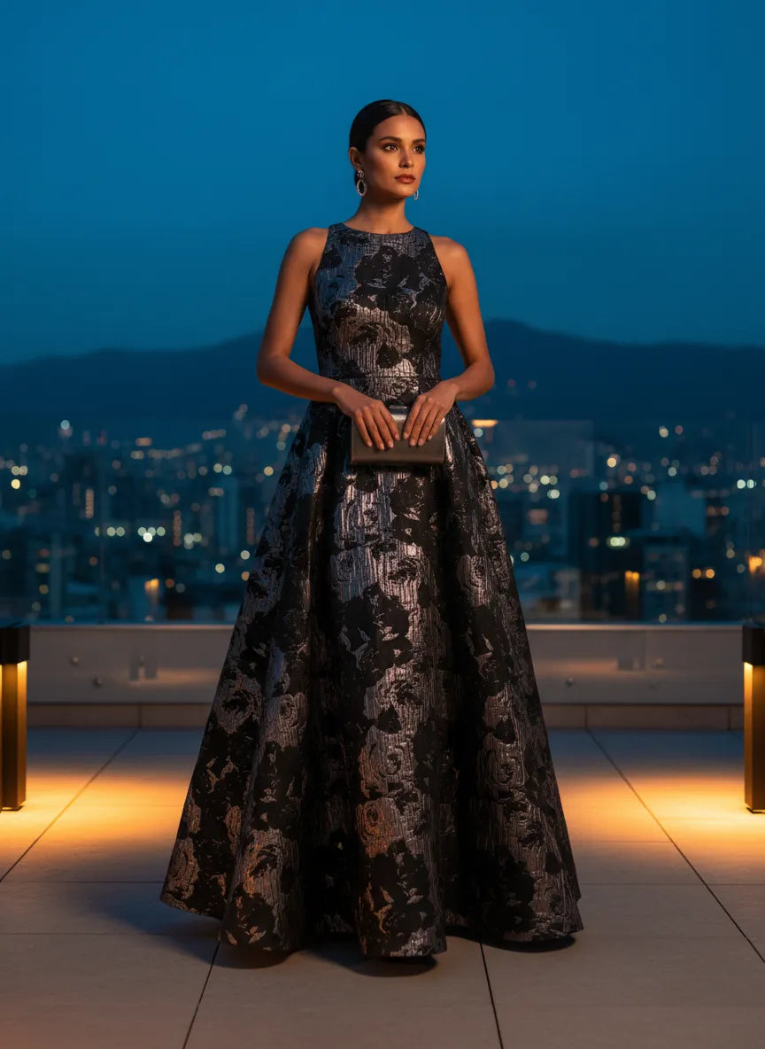 Vestido largo jacquard de rosas