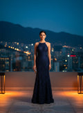 Vestido de Noche Floral Azul Marino
