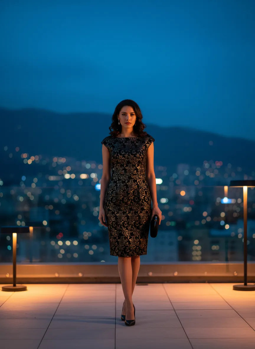 Vestido Cóctel Floral Dorado Oscuro