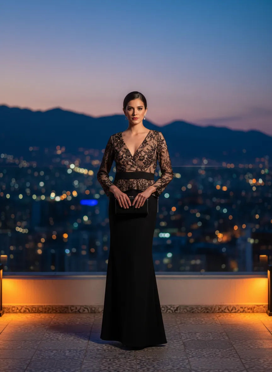 Vestido largo de encaje y peplum