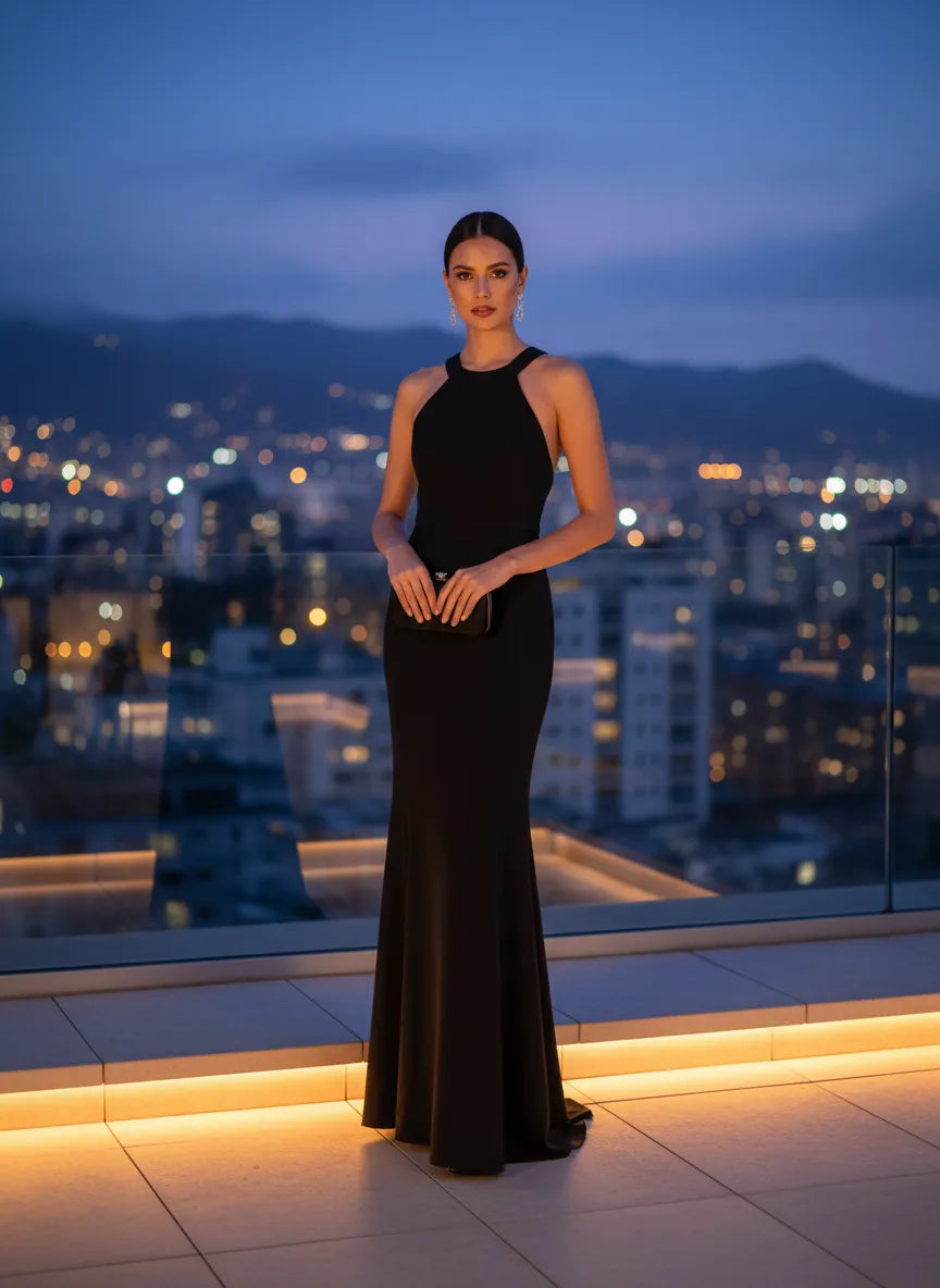 Vestido largo elegante halter negro