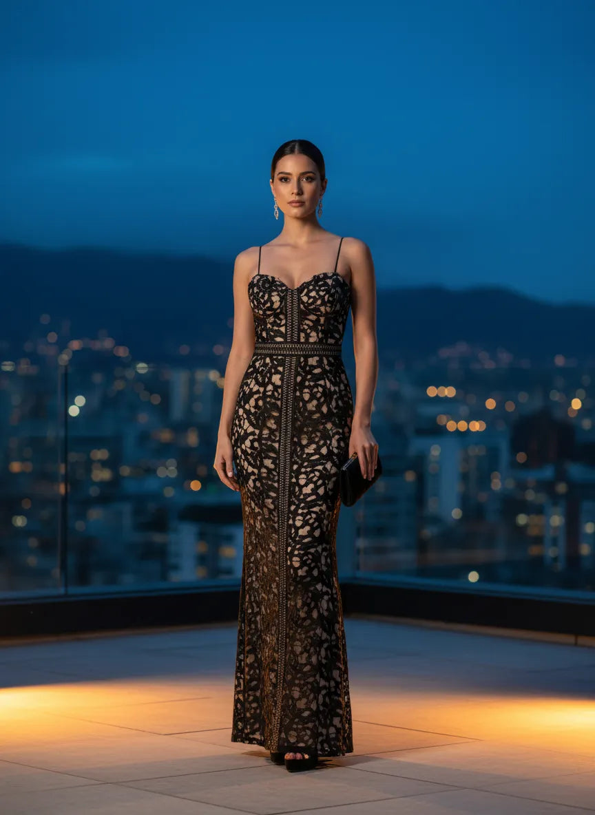 Vestido largo de encaje negro con tirantes finos
