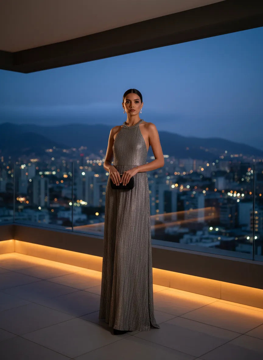 Vestido Halter Plisado Noche Estrellada