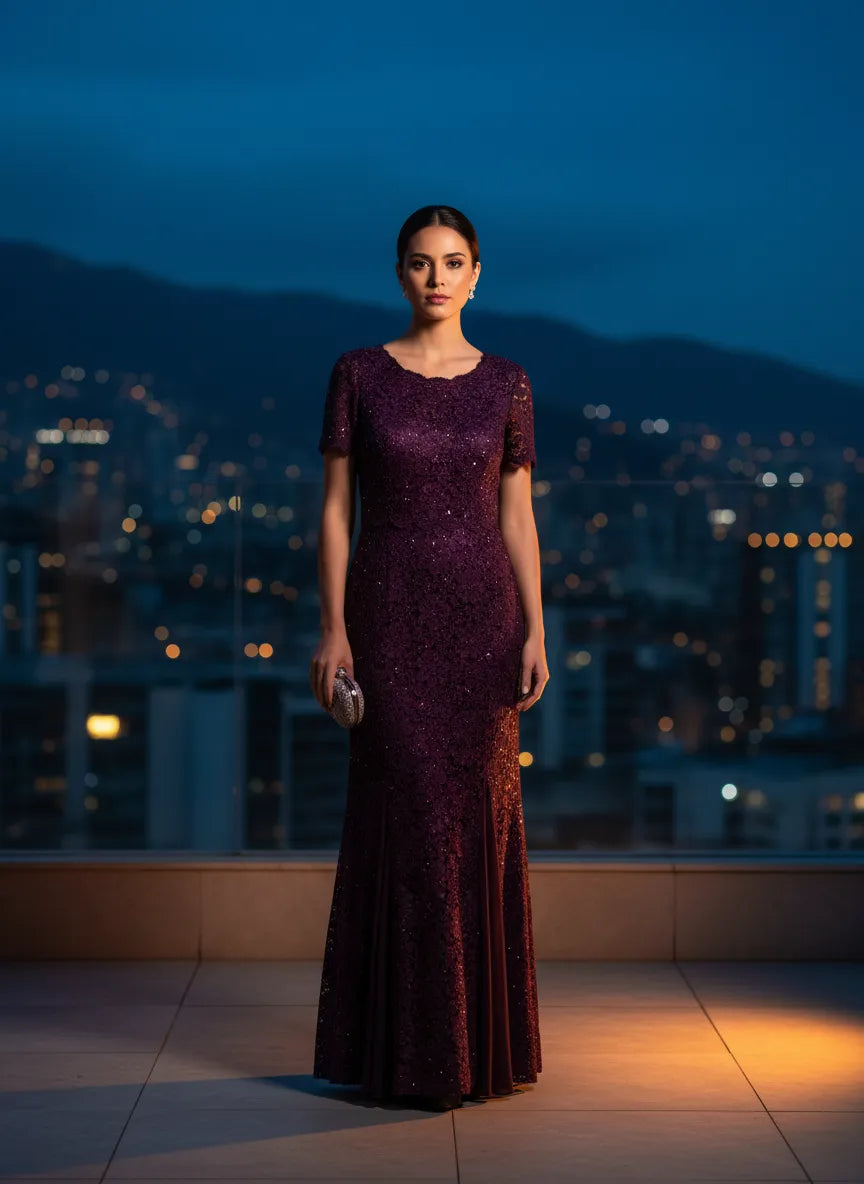 Vestido Largo de Encaje Morado con Lentejuelas