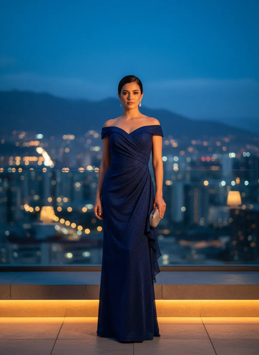 Vestido de Noche Encantador Azul Brillante
