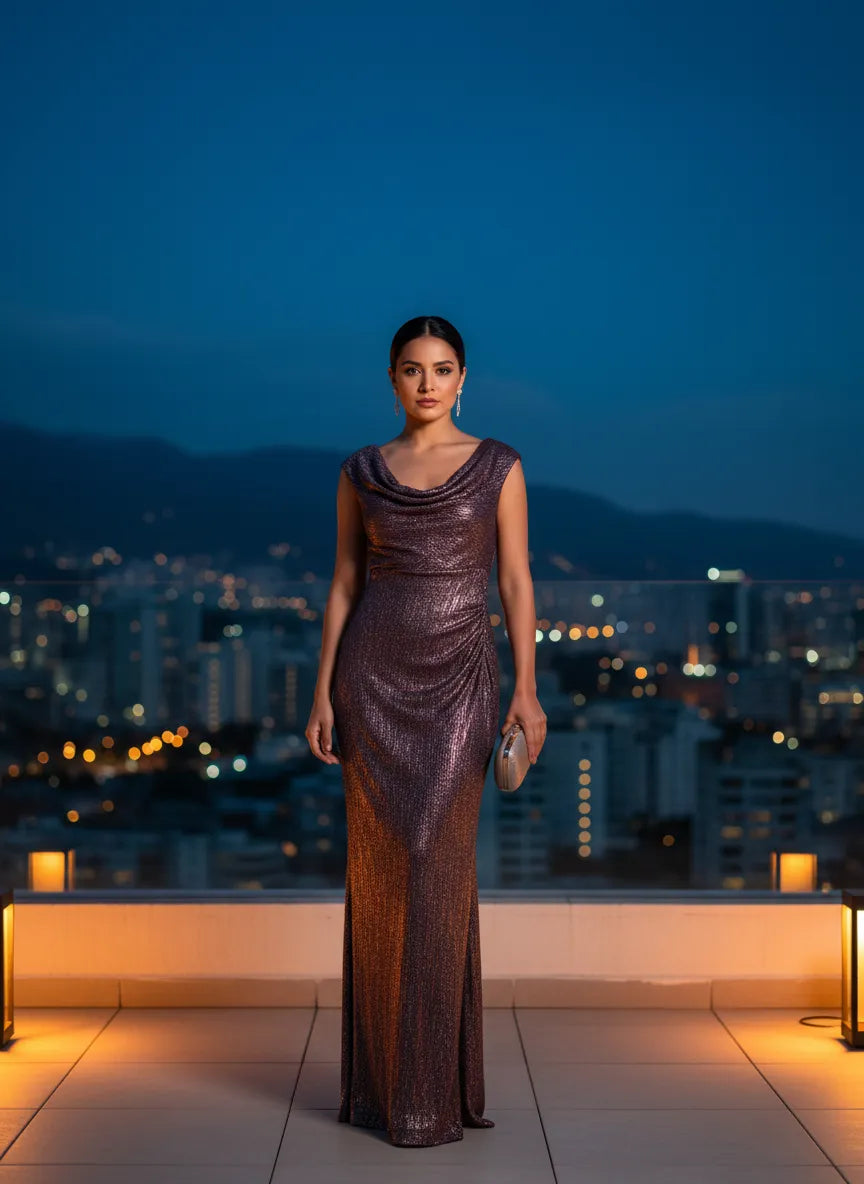 Vestido largo de noche con drapeado brillante
