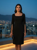 Vestido Negro Elegante de Mangas Acampanadas Decoradas