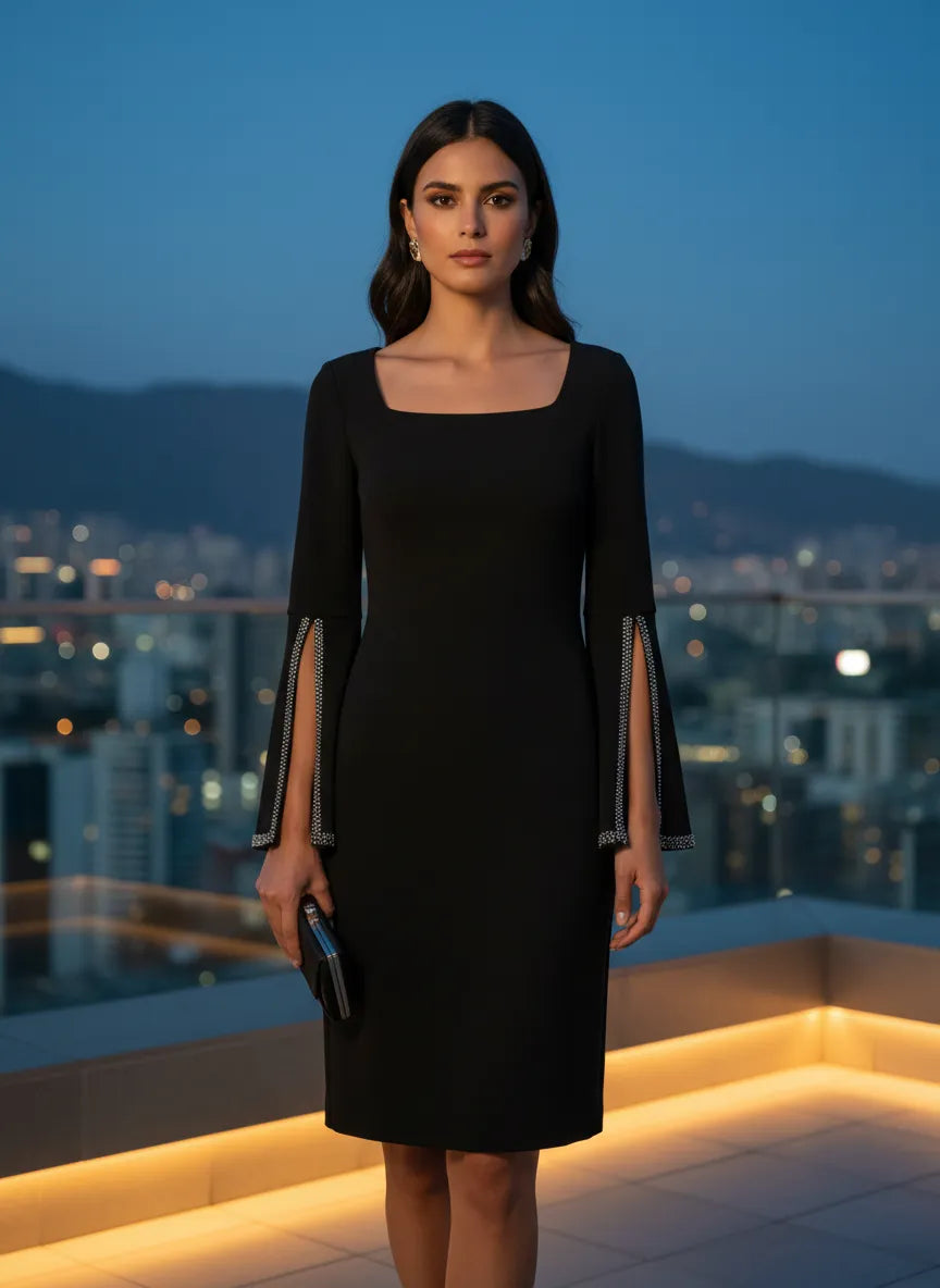 Vestido Negro Elegante de Mangas Acampanadas Decoradas