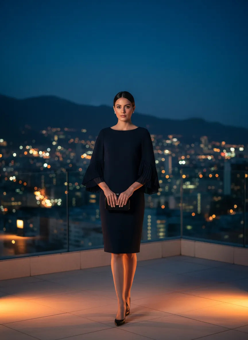 Vestido de Cóctel Azul Marino con Mangas Acampanadas