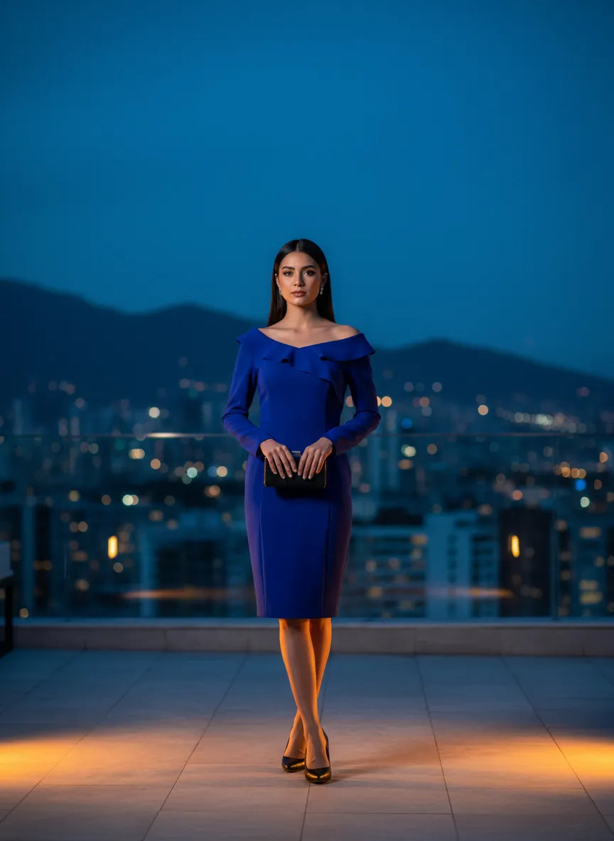 Vestido Azul Real con Volantes al Hombro
