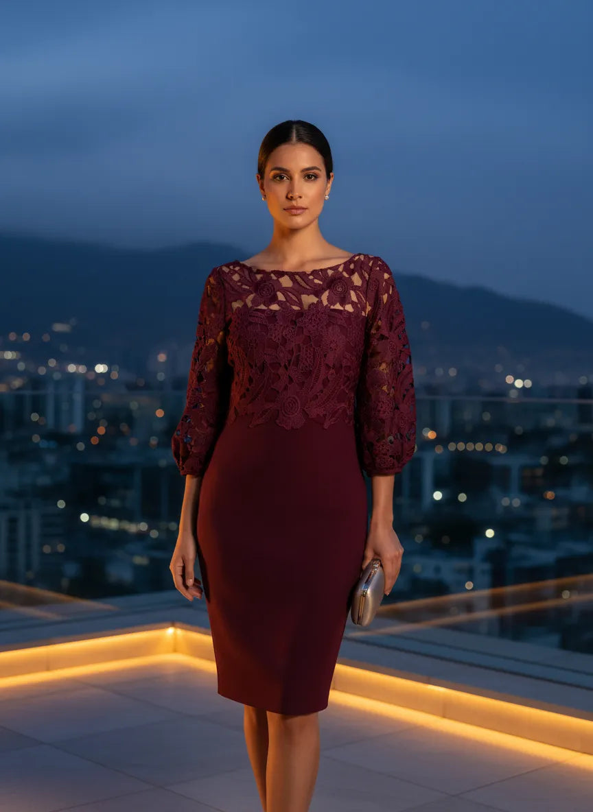 Vestido Borgoña de Encaje Floral
