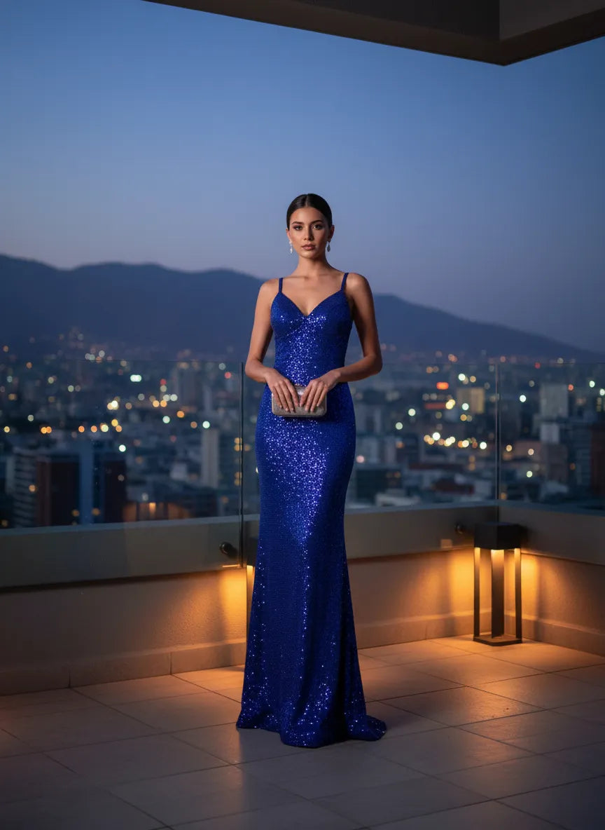 Vestido Azul Lentejuelas Elegante