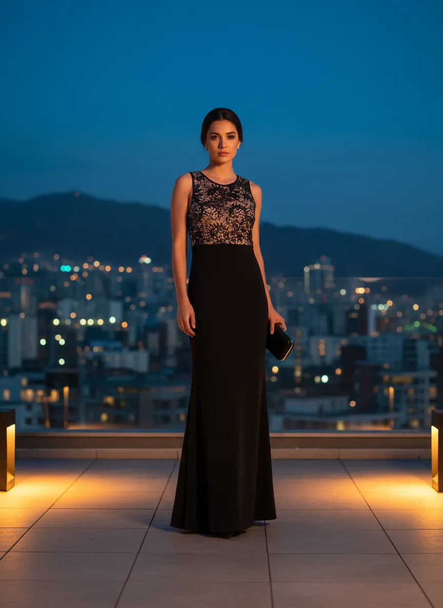 Vestido Elegante Negro con detalles dorados/plateados