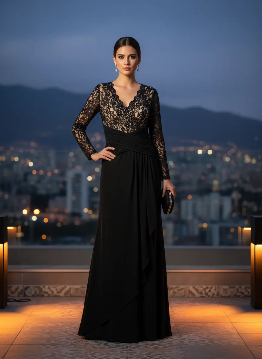 Vestido Elegante Negro con encaje dorado/nude