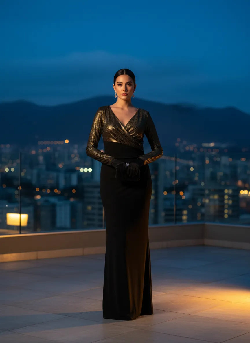 Vestido Elegante Negro y Dorado