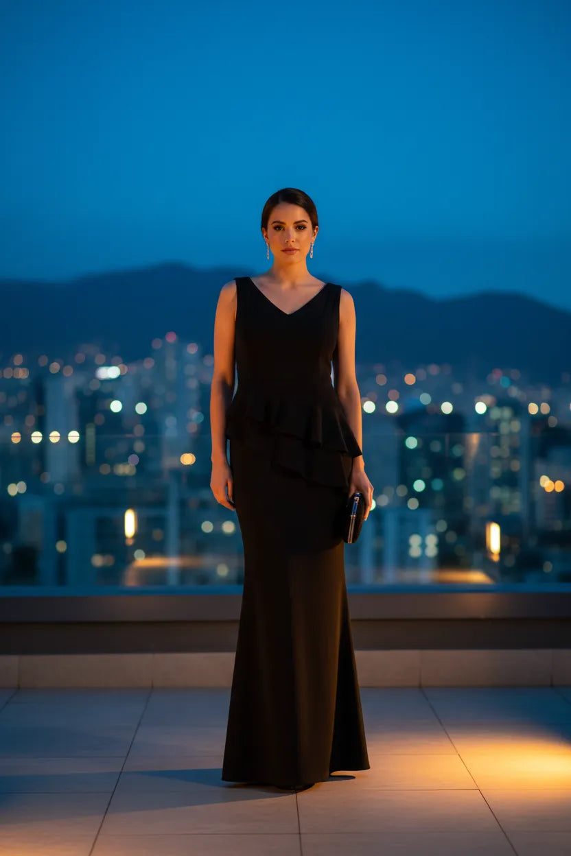 Vestido Elegante Negro Escote V