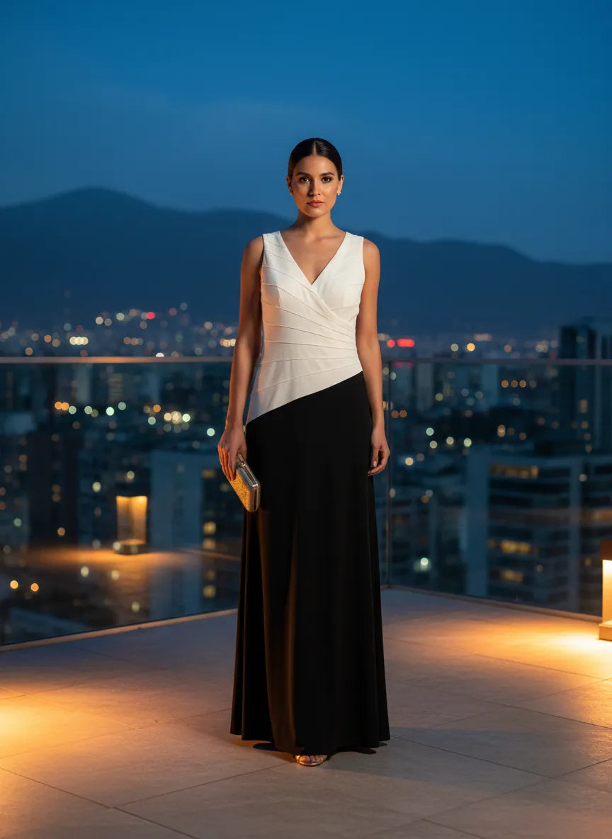 Vestido Elegante Blanco y Negro