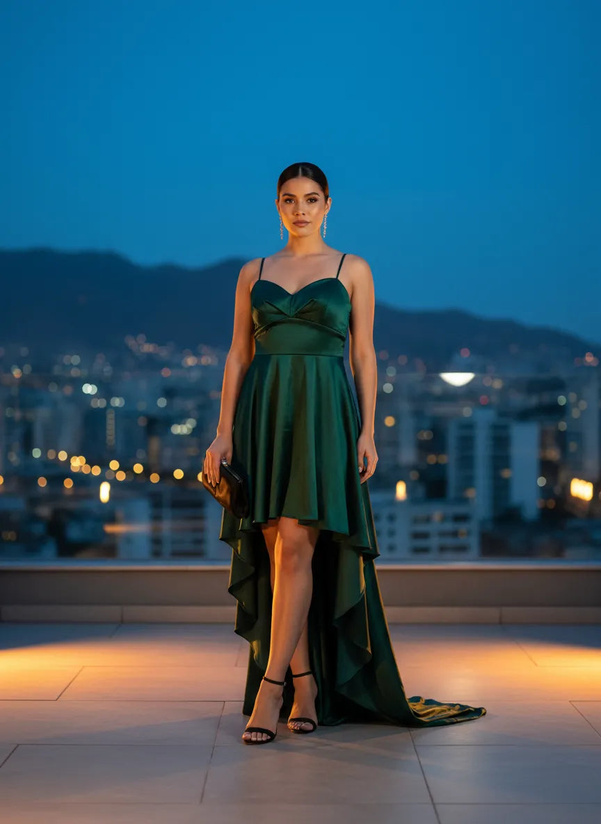 Vestido de Noche Esmeralda con Cola Asimétrica