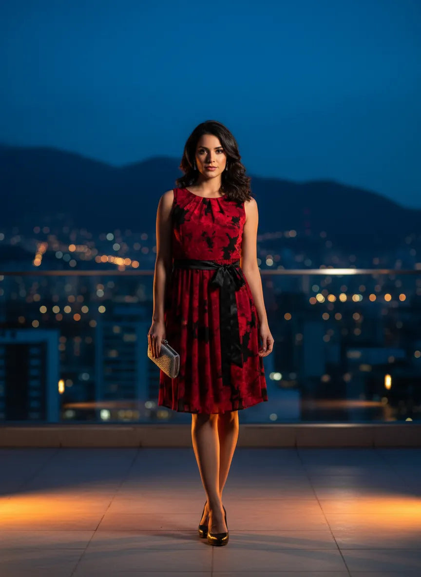 Vestido Nocturno Florecido Carmesí