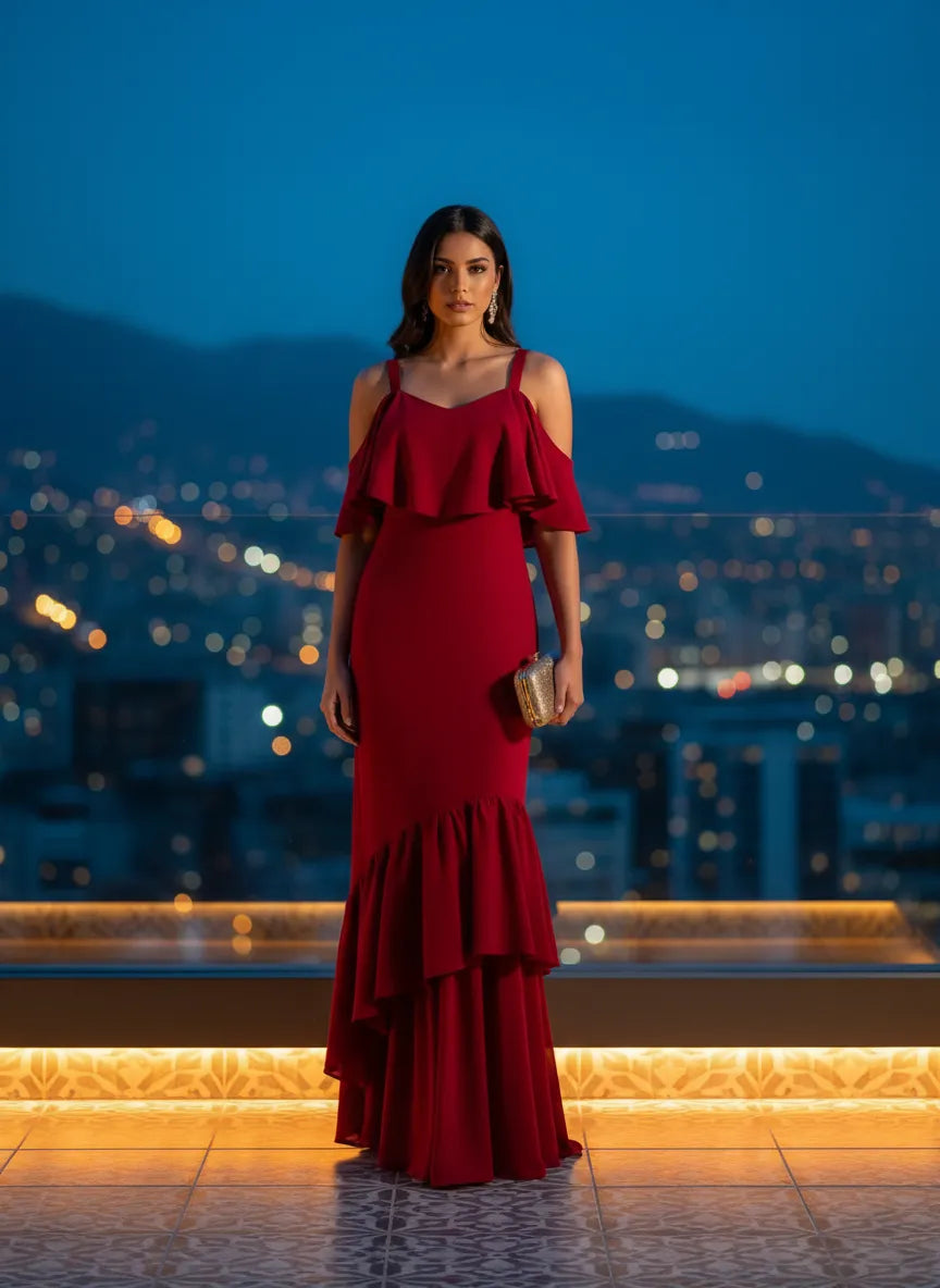 Vestido Sirena con Volantes Carmesí