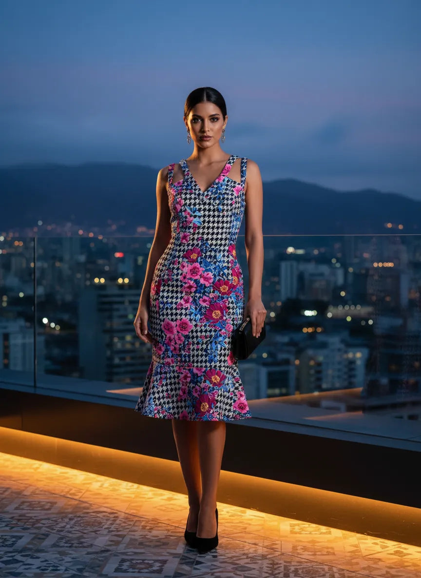 Vestido Cóctel Houndstooth Floral