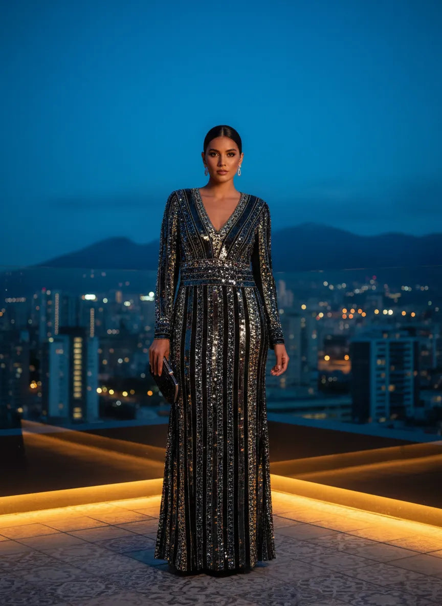 Vestido largo de noche con lentejuelas en rayas