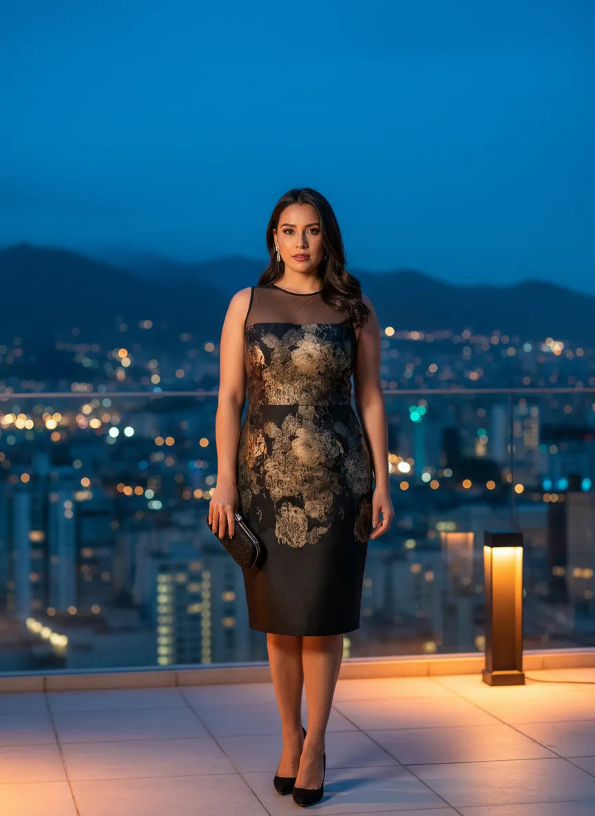 Vestido Nocturno Elegancia Floral Dorada