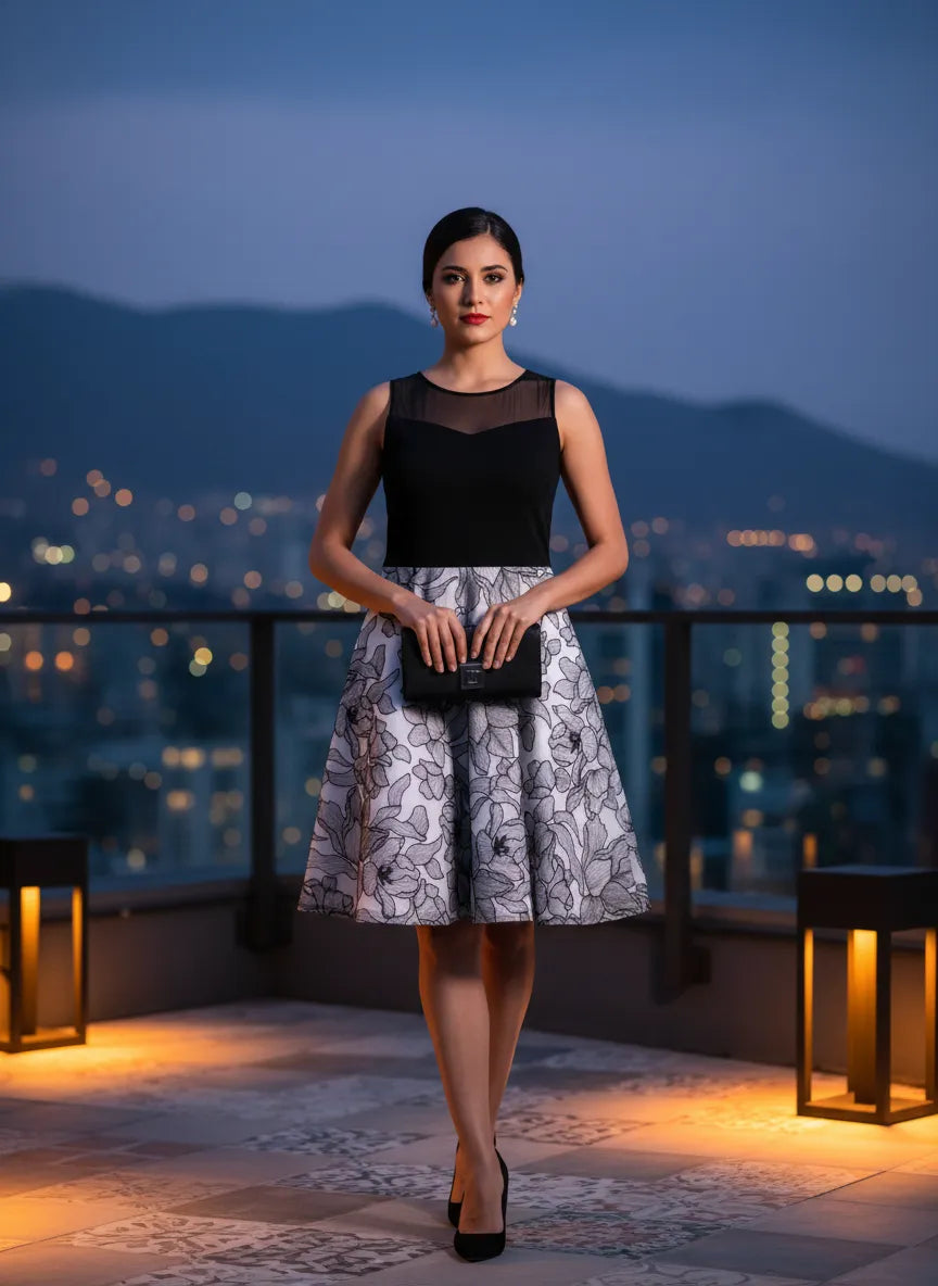 Vestido de Cóctel Floral Bicolor