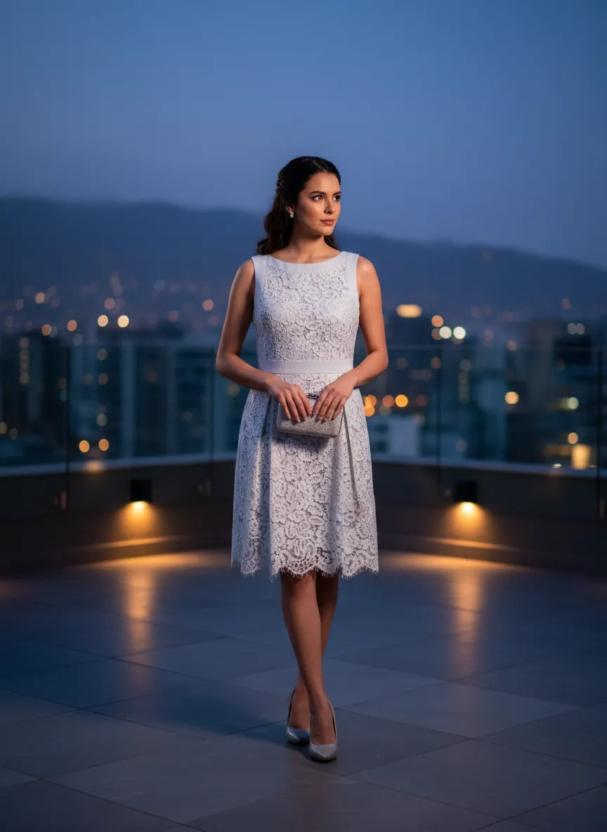 Vestido Cóctel de Encaje Celeste Noche