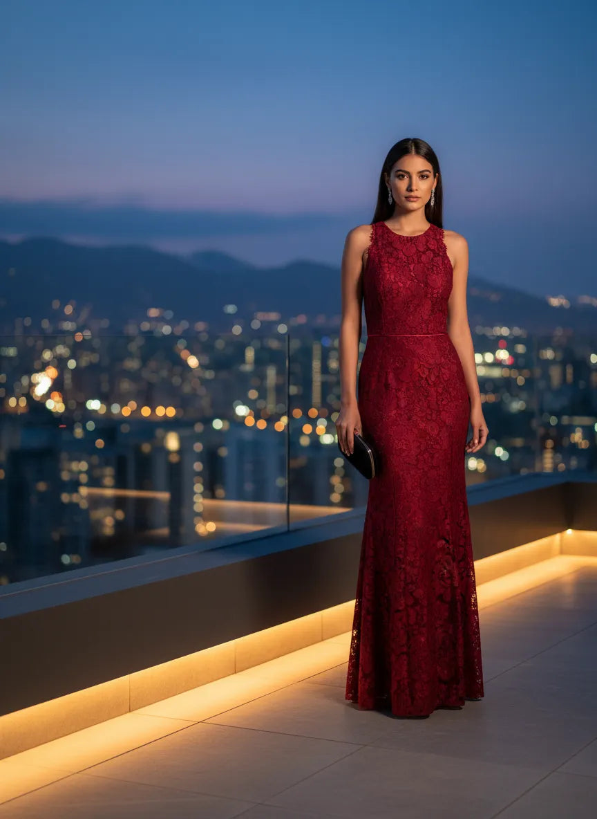 Vestido de Noche Encaje Carmesí