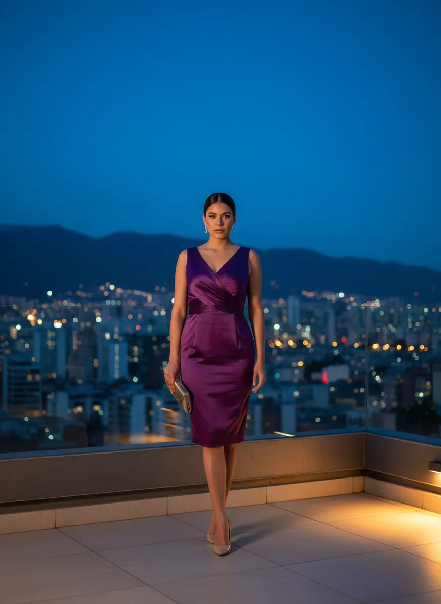 Vestido Cóctel Noche Púrpura Satinado
