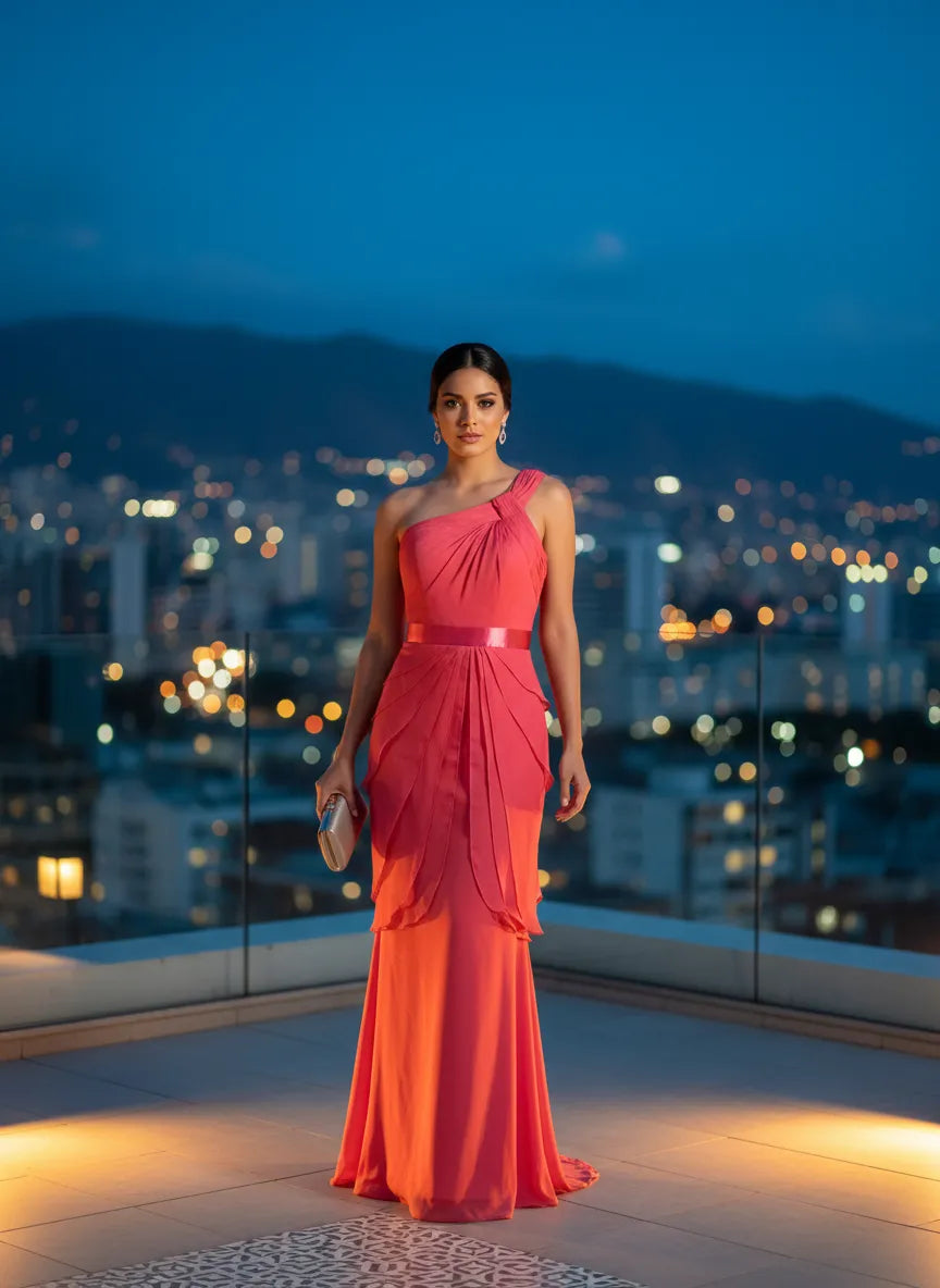 Vestido de Noche Coral Asimétrico